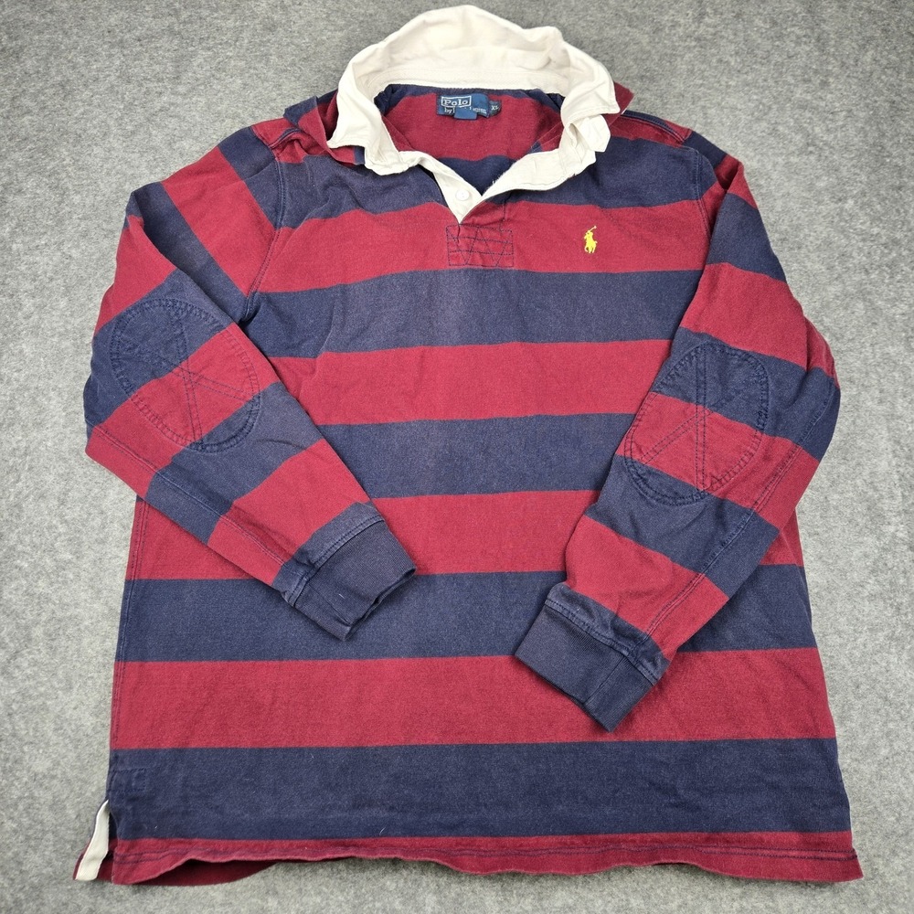 VTG Polo Ralph Lauren Rugby Shirt XL Navy Red Stripes Hooded Long Sleeve Pony
